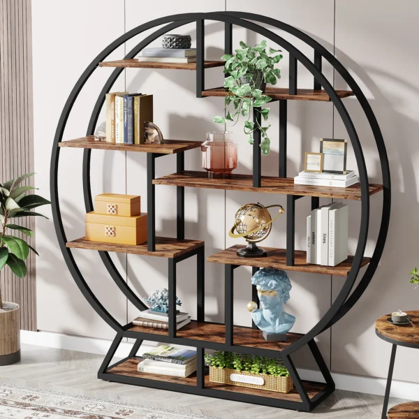 Round Industrial Wood Book Shelf